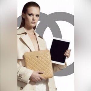 Authentic Chanel luxury designer caviar quilted leather iPad tablet case cover